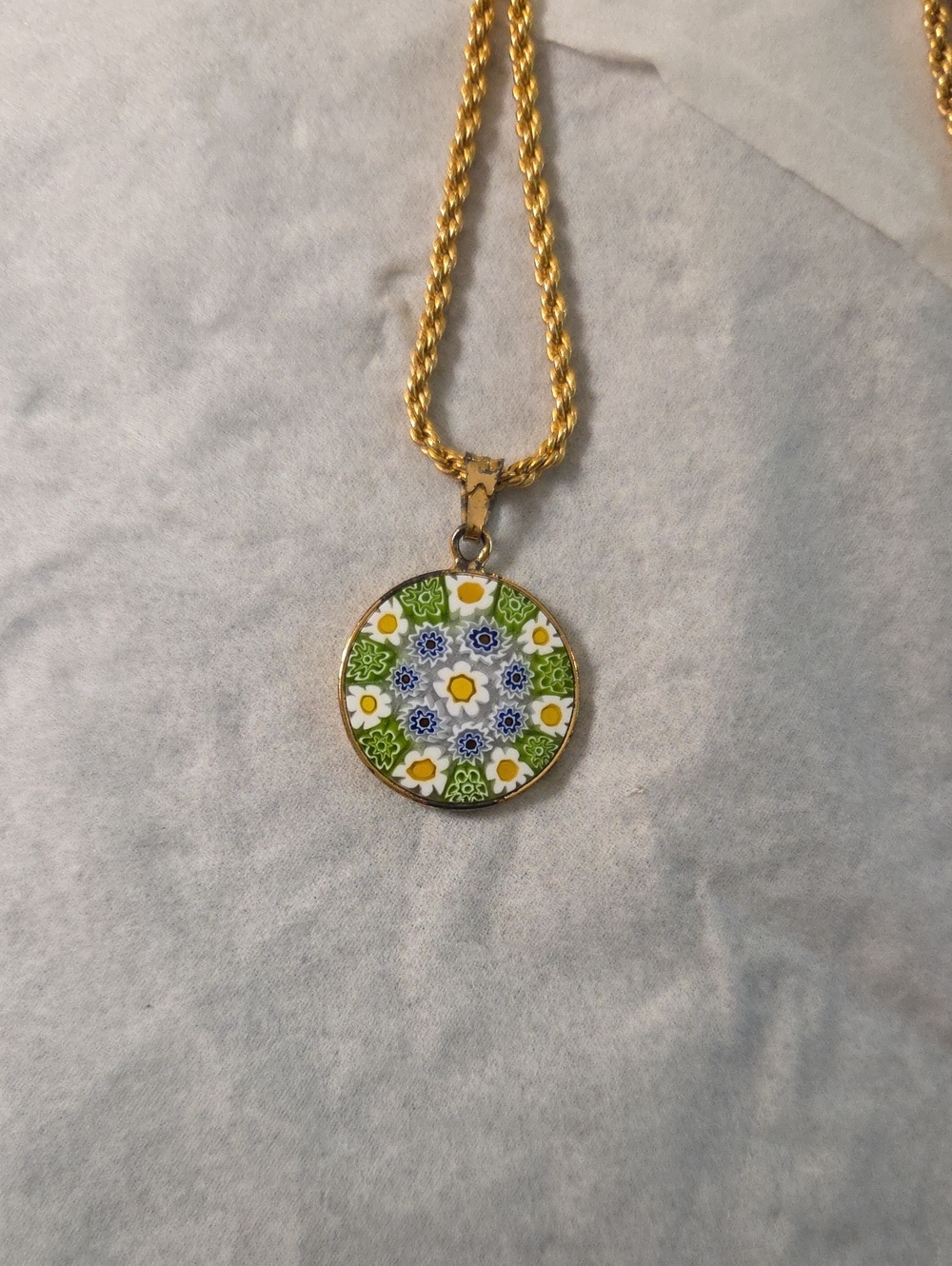Gold-Tone Floral Enamel Pendant Necklace in Green & White